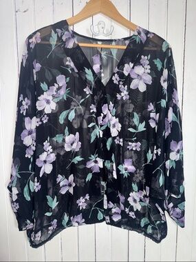 Emerald Semi-Sheer Blouse Black  with Lavender Floral Print Size 1X
